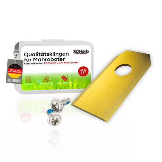 36 x Premium Titan Ersatzmesser + Schrauben mit Sicherung , Ersatzklingen kompatibel mit ECOVACS Goat Mähroboter -für langen, scharfen Schnitt (36er Set Klingen) - titancarbit beschichtet