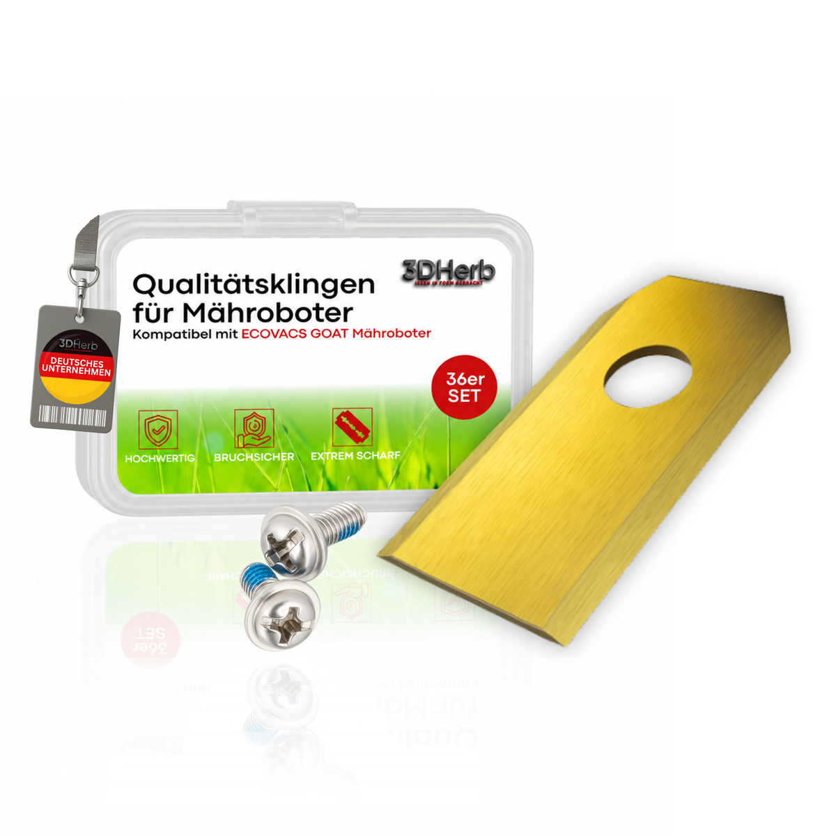 36 x Premium Titan Ersatzmesser + Schrauben mit Sicherung , Ersatzklingen kompatibel mit ECOVACS Goat Mähroboter -für langen, scharfen Schnitt (36er Set Klingen) - titancarbit beschichtet