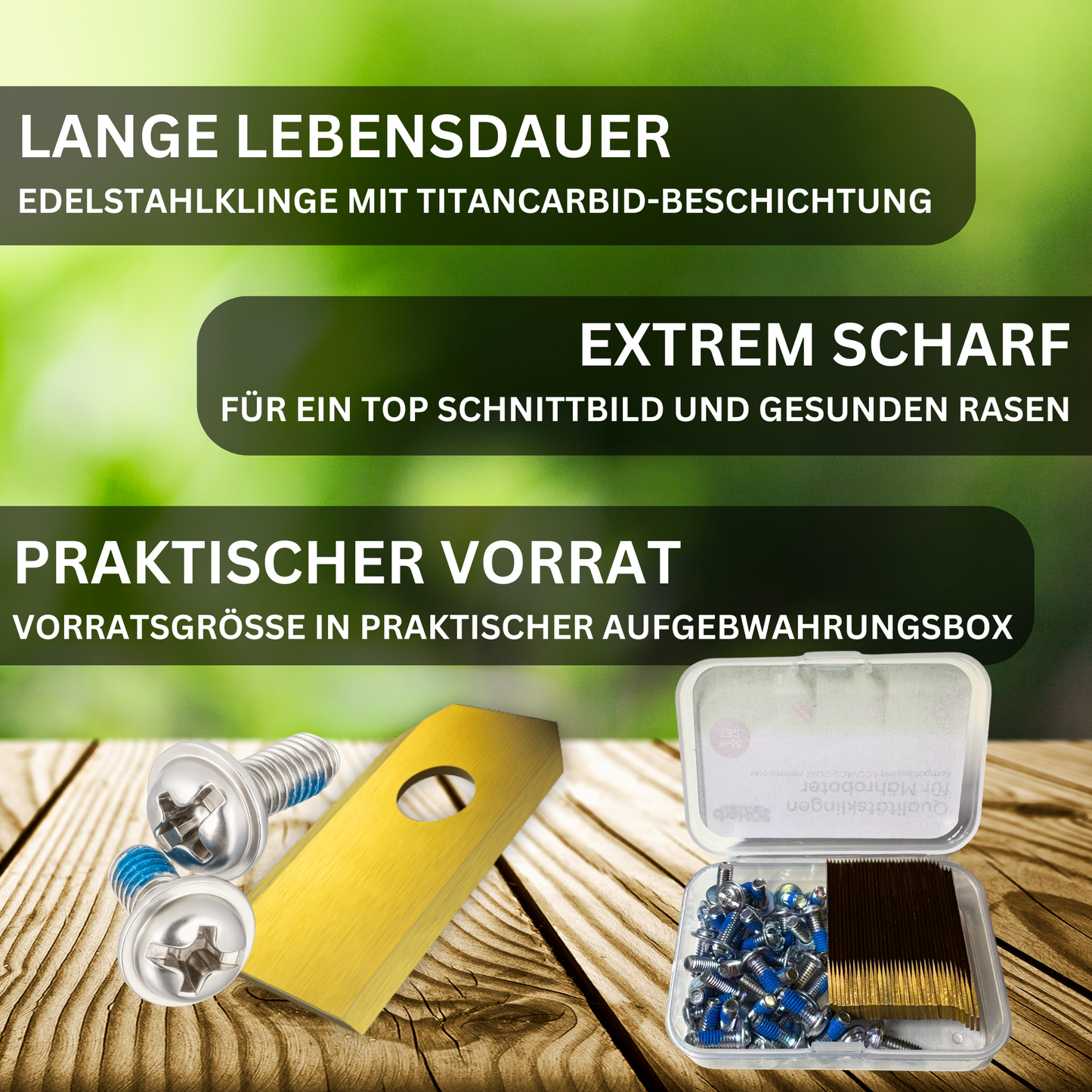 36 x Premium Titan Ersatzmesser + Schrauben mit Sicherung , Ersatzklingen kompatibel mit ECOVACS Goat Mähroboter -für langen, scharfen Schnitt (36er Set Klingen) - titancarbit beschichtet